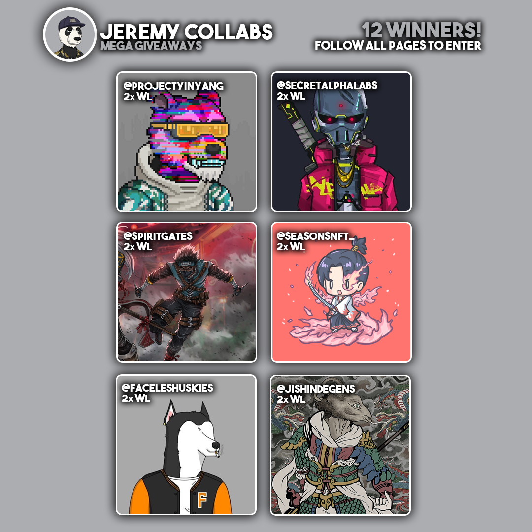 🔥MEGA WL GIVEAWAY 🔥

2x WL <a href="/ProjectYinYang/">Yin Yang Gang</a> 
2x WL @SecretAlphaLabs 
2x WL <a href="/spiritgates/">Spirit Gates ⛩</a> 
2x WL @SeasonsNFT_ 
2x WL <a href="/FacelesHuskies/">Faceless Huskies</a> 
2x WL <a href="/JishinDegens/">JISHIN X JIAKUMA</a> 

Must:
🔹Follow ME + ALL Pages Above👆
🔹RT +❤️
🔹Tag 3 friends

⌛ 24 hours⌛
#NFTGiveaway #WLGiveaway #NFTCommunity