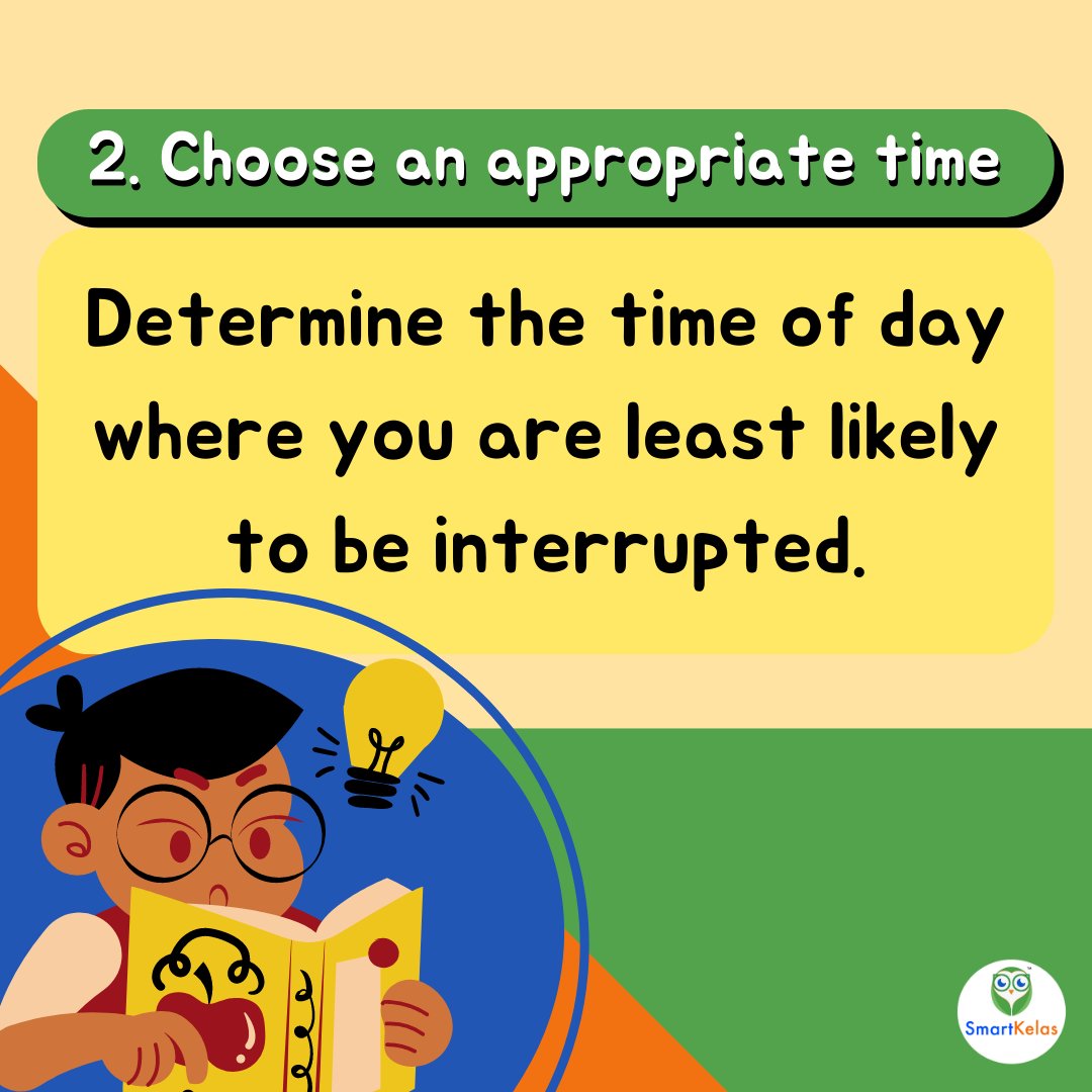 SmartKelas's tweet image. It&apos;s the weekend! How can we slot our studies during the next two days?

✅ Pick a day between the two to focus on your studies.

✅ Study when you are least likely to be interrupted.

✅ Prepare your study materials the day before.

#studytips #selfstudytips