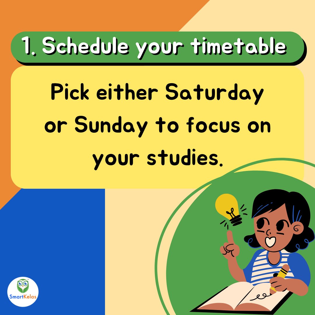 SmartKelas's tweet image. It&apos;s the weekend! How can we slot our studies during the next two days?

✅ Pick a day between the two to focus on your studies.

✅ Study when you are least likely to be interrupted.

✅ Prepare your study materials the day before.

#studytips #selfstudytips
