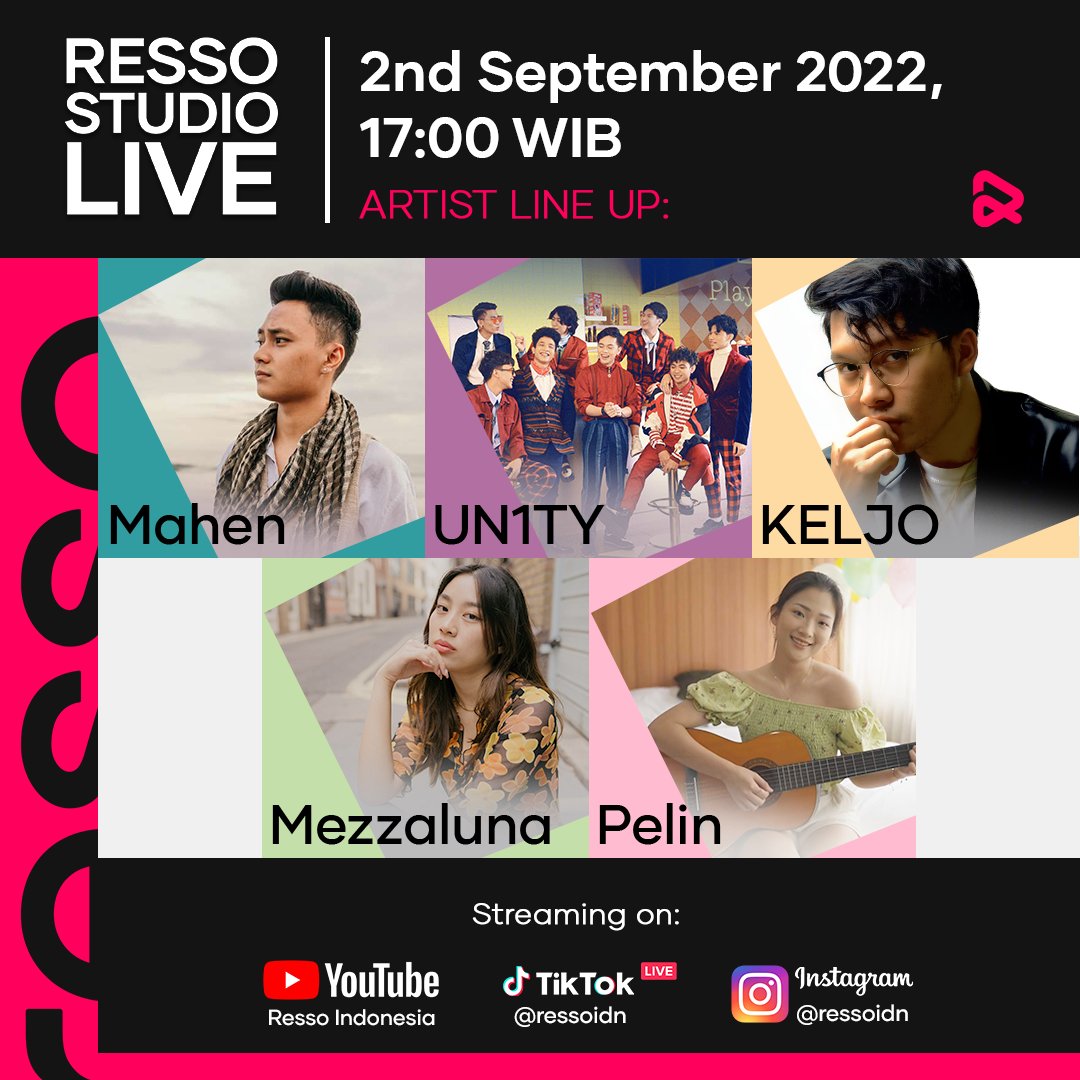 ressoidn's tweet photo. Say hello to our line-up for #RessoStudioLive Ep 4! 🥳
Tanggal 2 September nanti, kita bakal ketemu sama @petrusmahendra, @UN1TY_Official, #Keljo, @mezzmerising, &amp; #Pelin loh😆

Tebak lagu apa yang bakal mereka bawain di reply! 👇

#RessoIDN #Mahen #UN1TY #Keljo #Mezzaluna #Pelin https://t.co/R3OLwG1FWp