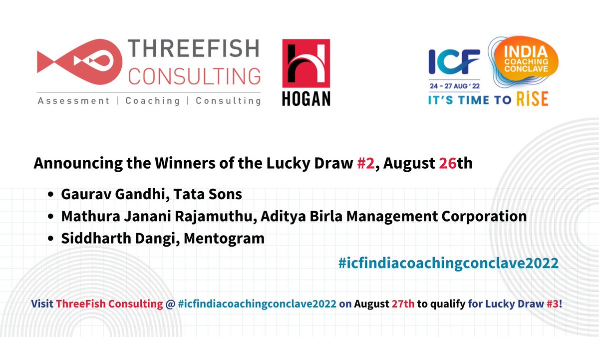 ThreeFishIndia's tweet photo. We are happy to announce the winners of the Lucky Draw #2 at our #icfindiacoachingconclave2022 Virtual Booth. Congratulations to you all on winning a Hogan Insight Reports Bundle!
Please contact akanksha@threefish.in to collect your prize.
@IcfMumbai @HoganAssessment https://t.co/vxqXf6d0GS