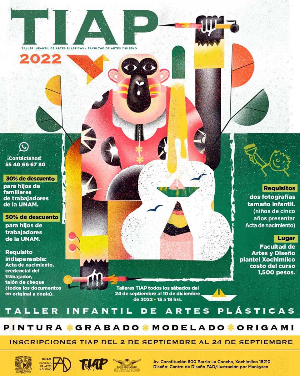 UNAMFAD's tweet photo. 🚨El Taller Infantil de Artes Plásticas (TIAP) está de regreso🚨

Inscripciones del 2 al 24 de septiembre del 2022, en el Plantel Xochimilco.

🎨🧸🖼🖍🖌

Conoce más aquí: https://t.co/D6p3zbV4xz

#TIAP #FAD #ArtesVisuales #DiseñoYComunicaciónVisual  #OrgulloFAD #UNAM https://t.co/LsYAVTnqkV