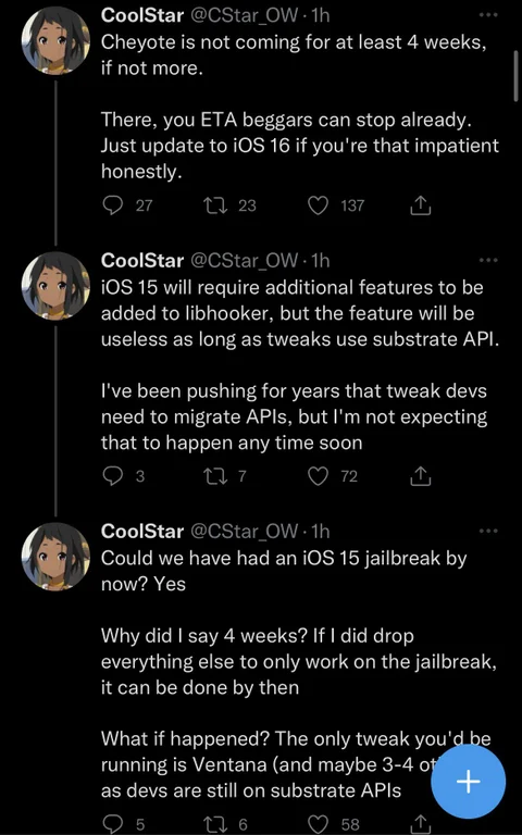 Yalujb's tweet photo. Cheyote ETA: Don't expect anything to be released before 4 weeks 😢🥹. #Cheyote #jailbreak https://t.co/tbFHjAzSMc