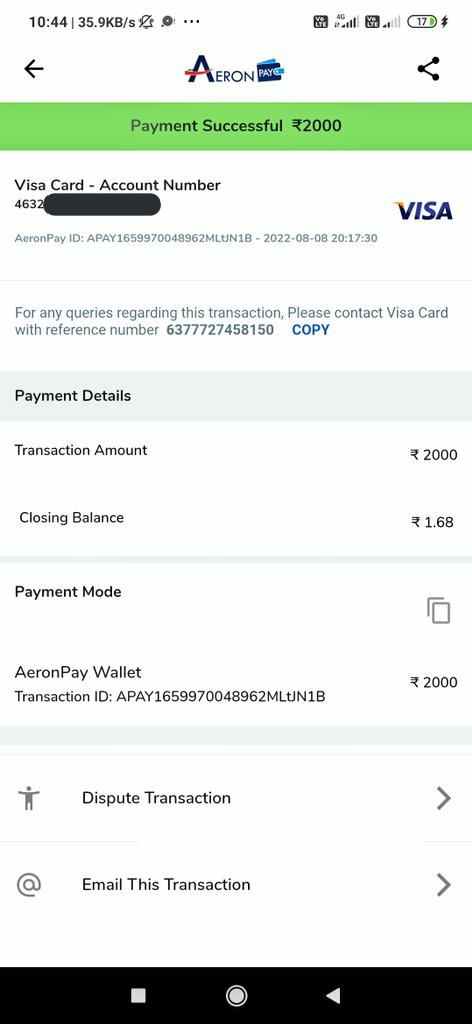 VIKAS28117519's tweet photo. @AeronPay Visa card with operator reference number - 6377727458150 Transaction ID:APAY1659970048962MLTJN1B sir i have paid 2000 in my credit card through aeronpay wallet but yaha is coming successful but credit card payment not received paid on 08/08/2022 not yet received https://t.co/w0frwL52kt
