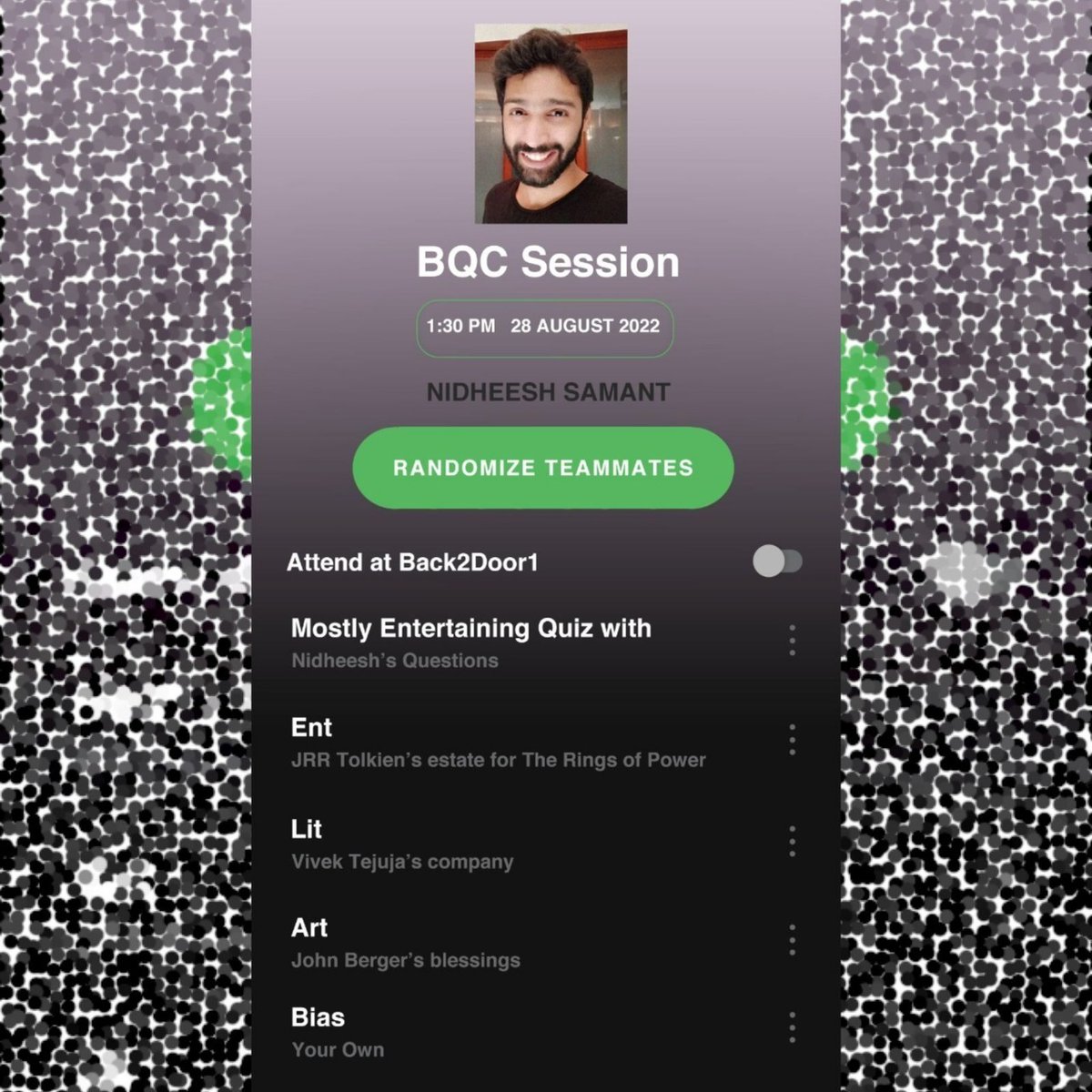 Stop Press!! We have a debutant! Or as we Bombaiya people say, naya maal aayelai. Nidheesh who till now was quietly winning quizzes has decided to do the needful tomorrow 1:30 pm <a href="/Back2Door1/">Back 2 Door 1 - Bandra</a> Along with amaze offers from our gracious hosts, it's time for Jawan Mohabbat on Sunday!