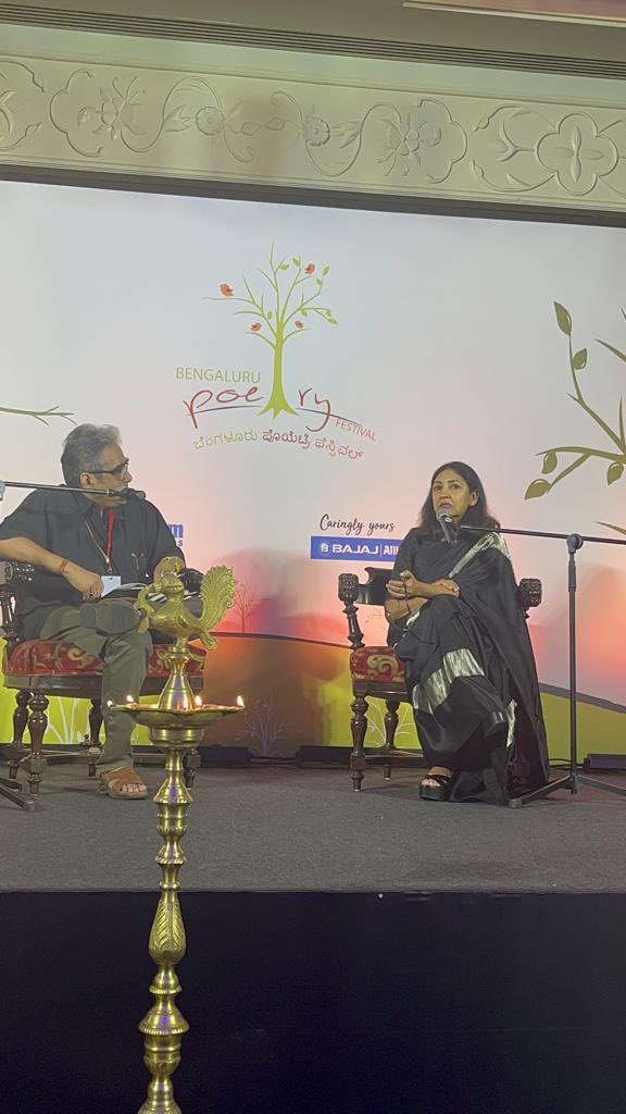 BengaluruPoetry's tweet photo. “I think one tends to take pen to paper when one is feeling a deep sense of melancholy,” says @DeeptiNaval describing the urge to write poetry. 

Catch her and Shantanu Ray Chaudhuri in “Reflections” at the Leela Palace, Bengaluru right now! 

#bpf22 https://t.co/jHxJOdwJfA
