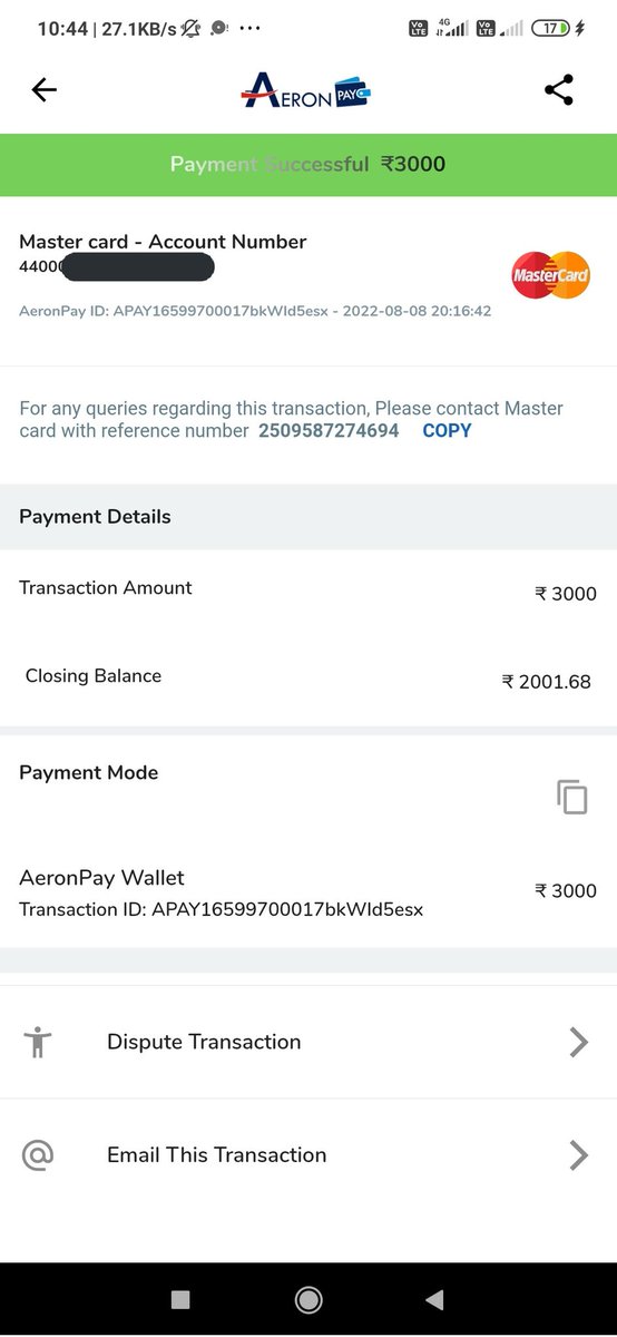 VIKAS28117519's tweet photo. @AeronPay Master card with operator reference number-2509587274694
Transaction ID:APAY16599700017bkWId5esx
i have paid 3000 in my credit card through aeronpay wallet but yaha is coming successful but credit card payment not received paid on 08/08/2022 not yet received credit card https://t.co/BVUNACAeoV