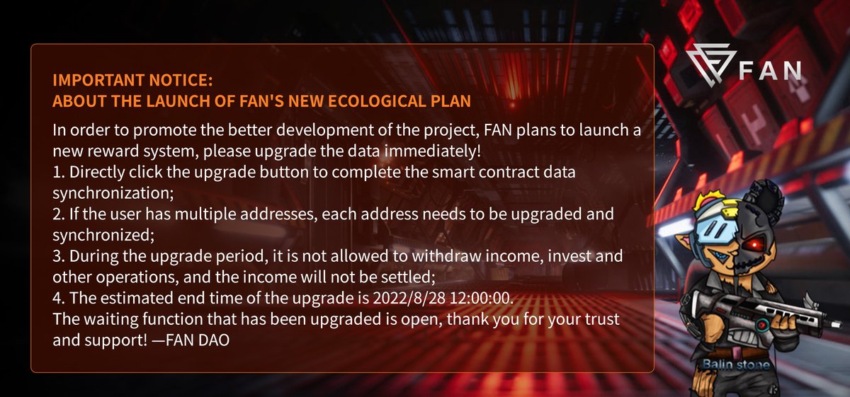 BALINSTONE's tweet photo. Important notice: In order to promote the better development of the project, FAN plans to launch a new reward system, please upgrade the data immediately, and the waiting function for the completed upgrade will be opened. Thank you for your trust and support! https://t.co/1wzjyLatwk