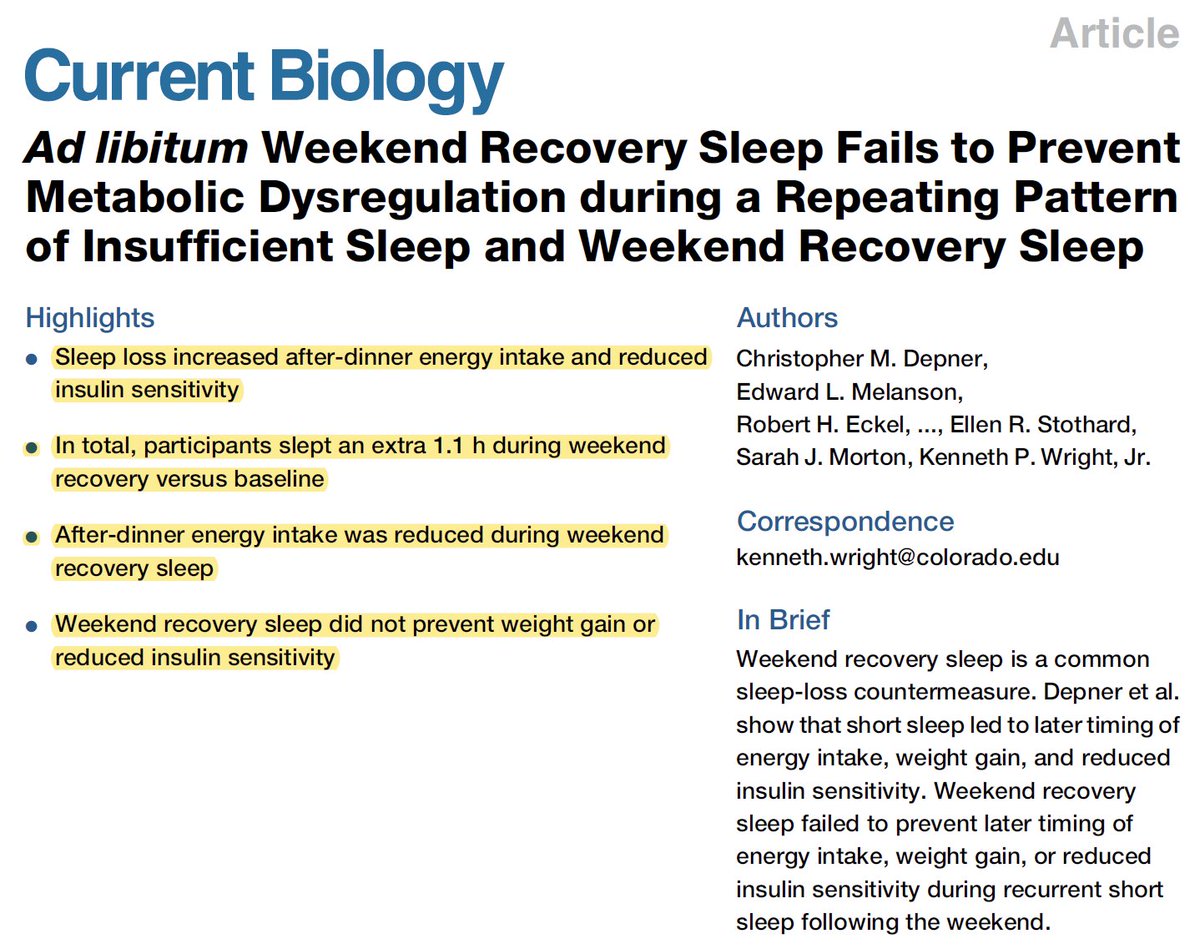 Can #weekend catch-up #sleep completely erase the bad effects of sleep loss during the week? 
This 2019 <a href="/CurrentBiology/">Current Biology</a>  paper from Prof. Ken Wright says NO. 
Our body and mind still feel the weekdays' sleep debt and continue to disrupt our #metabolism. 
reader.elsevier.com/reader/sd/pii/…