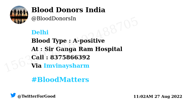 BloodDonorsIn's tweet photo. #Delhi
Need #Blood Type :  A-positive
Blood Component : Blood
Number of Units : 2
Primary Number : 8375866392
Via: @Imvinaysharm
#BloodMatters
Powered by Twitter https://t.co/ybCu0heB1T