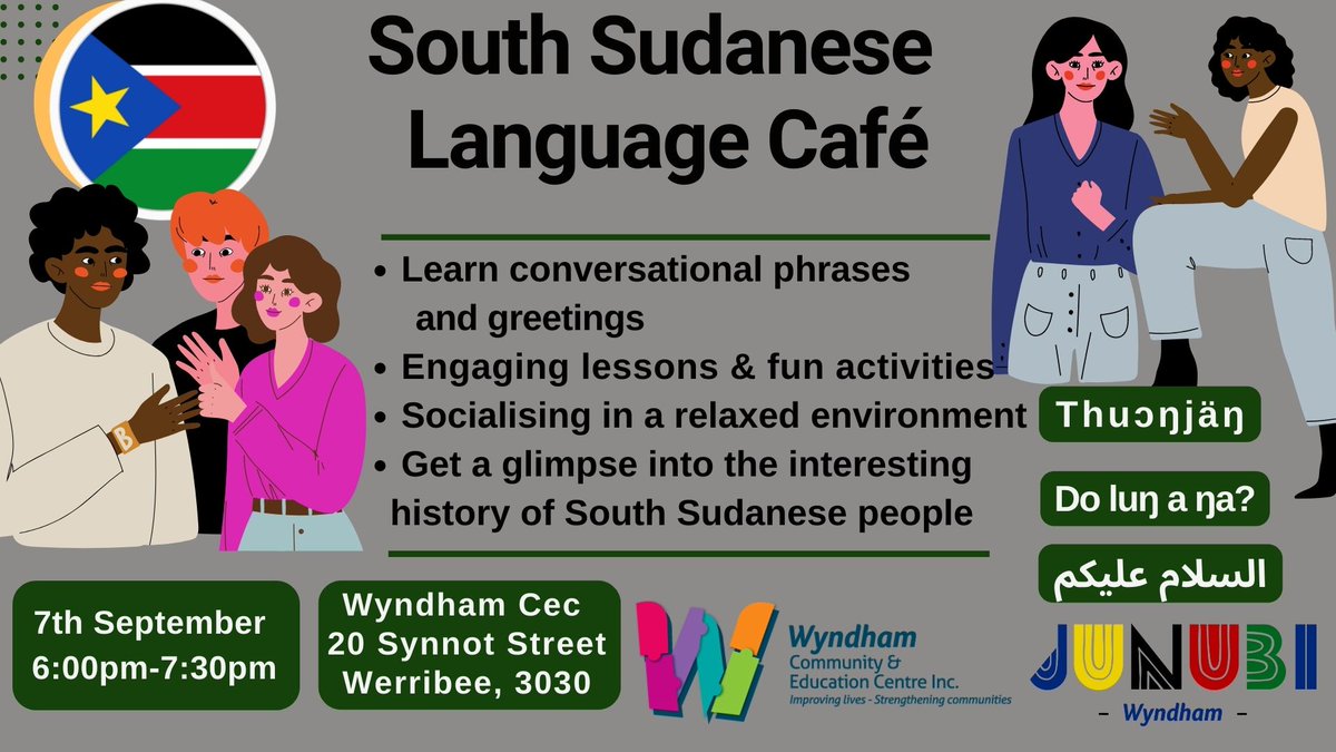 AdultLearningAu's tweet photo. Check out the South Sudanese Language Café, fun activities and socialising in a relaxed environment, (Dinka, Bari or Sudanese Arabic) part of the Wyndham Learning Festival – #ConnectWithLearning during #ALW2022 @WynLearnFest
https://t.co/sSnCQUruws https://t.co/YblNrqOKiD