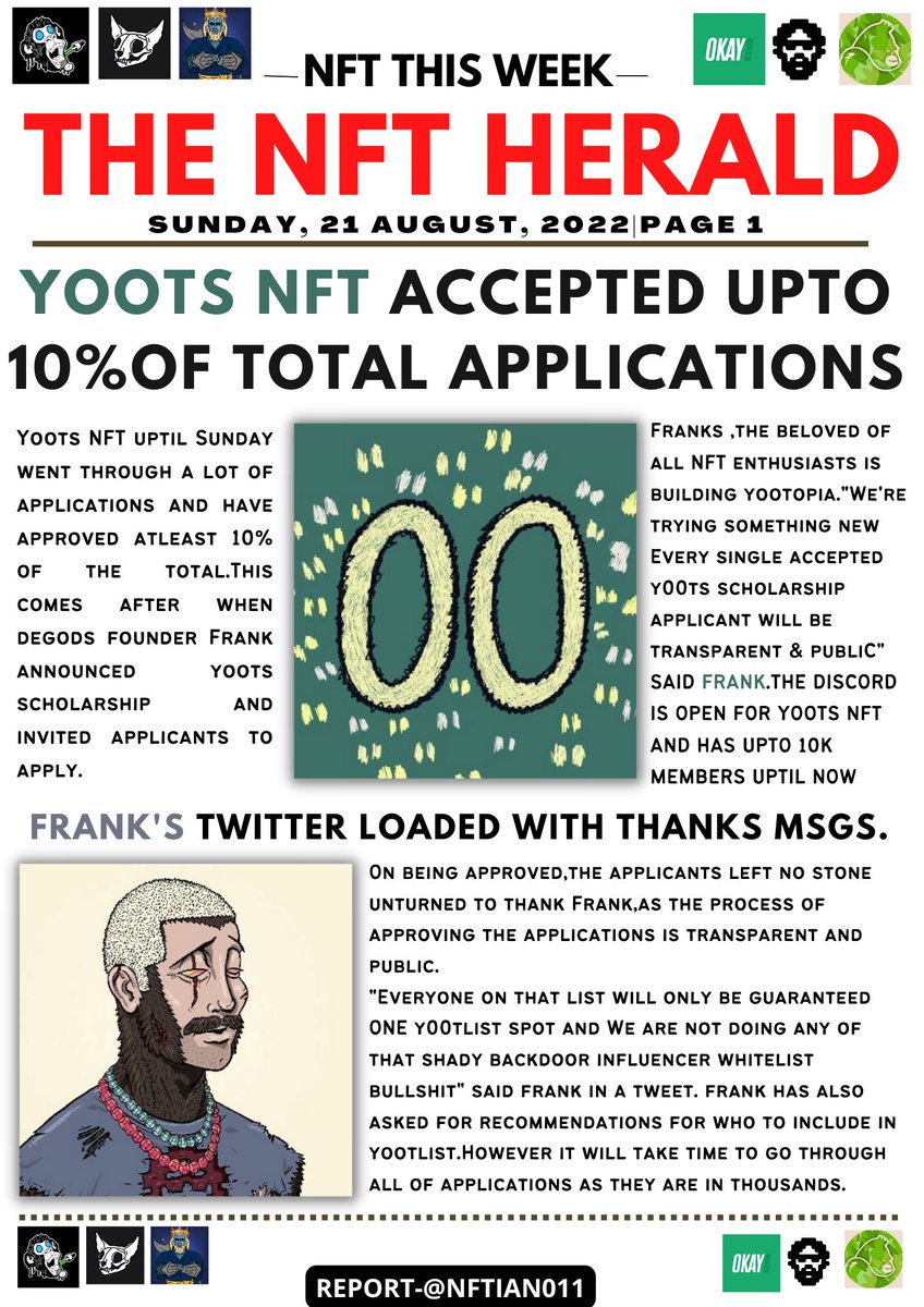 Nftian011's tweet photo. @frankdegods @y00tlist Publishing "THE NFT HERALD" NEWSPAPER report thrice a week as a new creation is web3 space...along with it also trying to build relationships by being a MOD and help community in every possible way,since 
our goal is same "TO BUILD METAVERSE" and contribute towards all round dvpt https://t.co/4RJNV5b3He