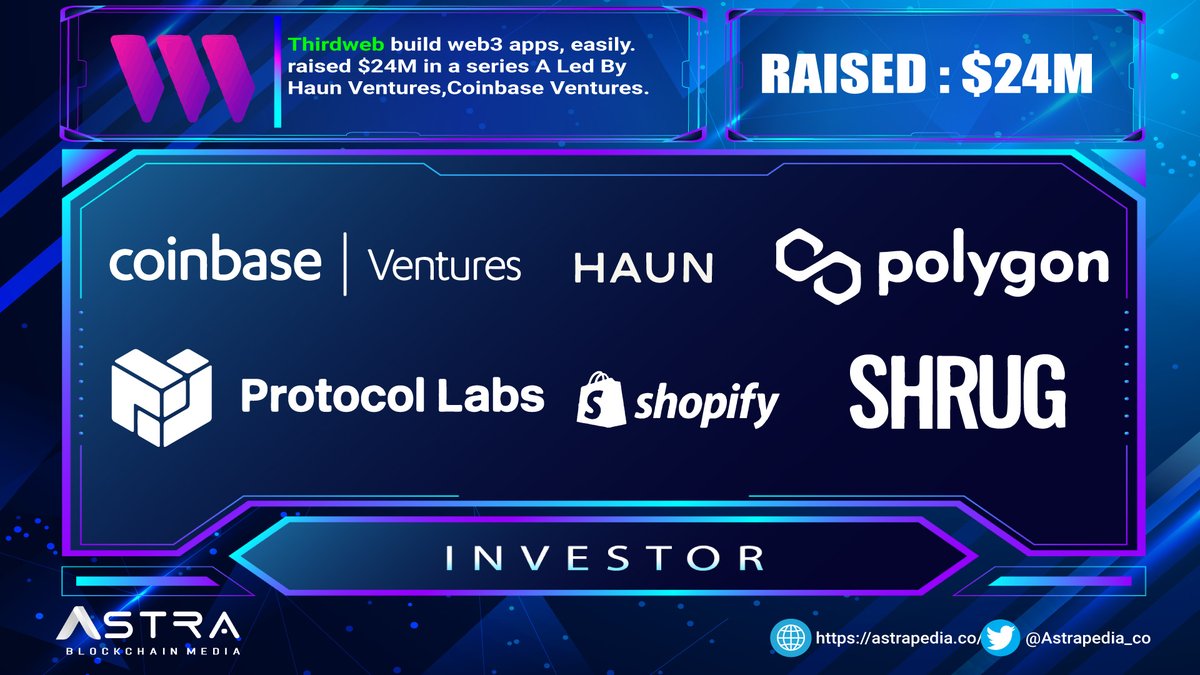 📌<a href="/thirdweb_/">thirdweb</a> has raised $24M in Series A. Led by 
<a href="/HaunVentures/">Haun Ventures</a> , with participation from 
<a href="/coinbase/">Coinbase 🛡️</a> 
<a href="/Shopify/">Shopify</a> 
<a href="/0xPolygon/">Polygon | POL</a> 
<a href="/protocollabs/">Protocol Labs</a> 
#SHRUG and more.

Join thirdweb.com and stay tuned for more.