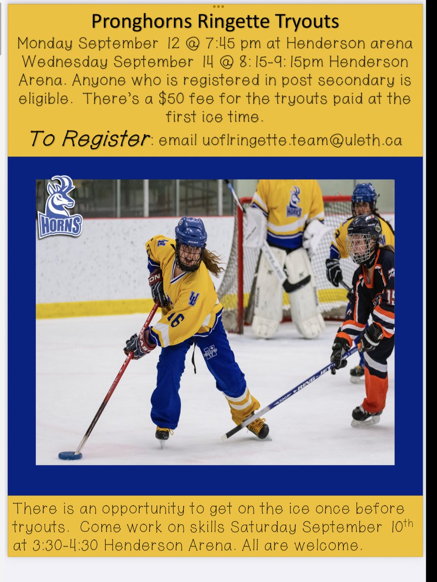 ulethringette's tweet photo. Register now for U of L Pronghorns Ringette Tryouts! Only 2 weeks left until we hit the ice. @tsummerfeldt @UofLPronghorns @DoanJon @ulethKNES @lraringette @uLethbridge @LethCollege https://t.co/lfBjwyjeCH