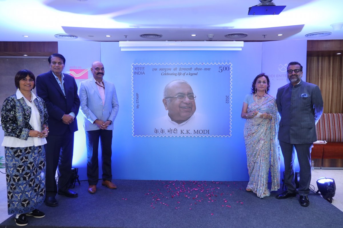 ians_india's tweet photo. KK Modi Group, one of India's most respected conglomerates, celebrated late #KKModi's, 82nd birth anniversary with an official release of a customised 'My Stamp and Special Cover'. https://t.co/F4AhmZTo0e
