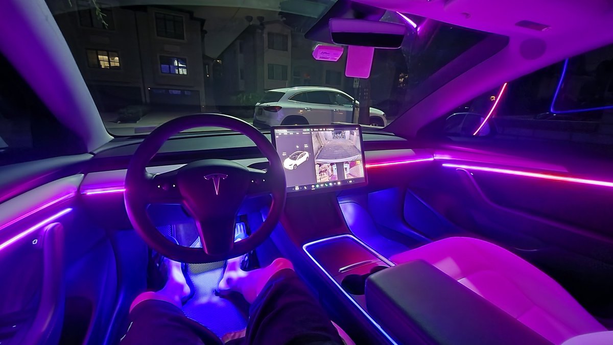 BaekCameron's tweet photo. On todays project, ws2812b pixels installed in the Tesla.. I think this feature should be standard? @elonmusk 

Dynamic acceleration, ambient lights adapting to Tesla theater and caraoke... hundreds of use cases for ambient lighting with Tesla's tech and software-based vehicles. https://t.co/lYhhVZagVO