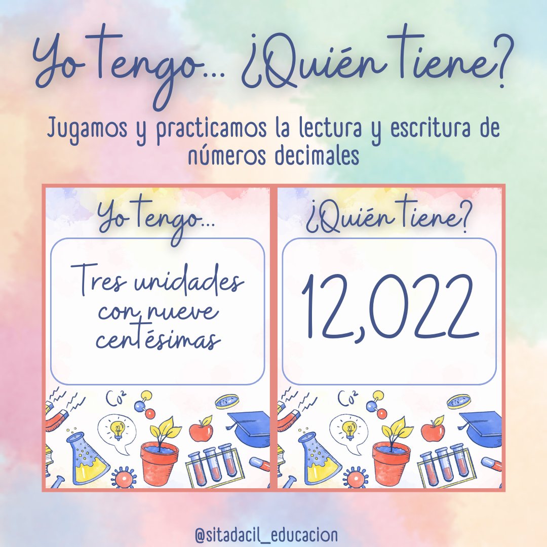 dacilgonz's tweet photo. El #juego "Yo tengo... ¿Quién tiene?" es una #dinámica de clase de trabajo en cadena y nos servirá para repasar cualquier contenido que hayamos visto en clase.
En este caso os traigo uno para practicar la #lectura y #escritura de números #decimales.
https://t.co/ysKk0Ag5ww https://t.co/2iZSdWI2Pv