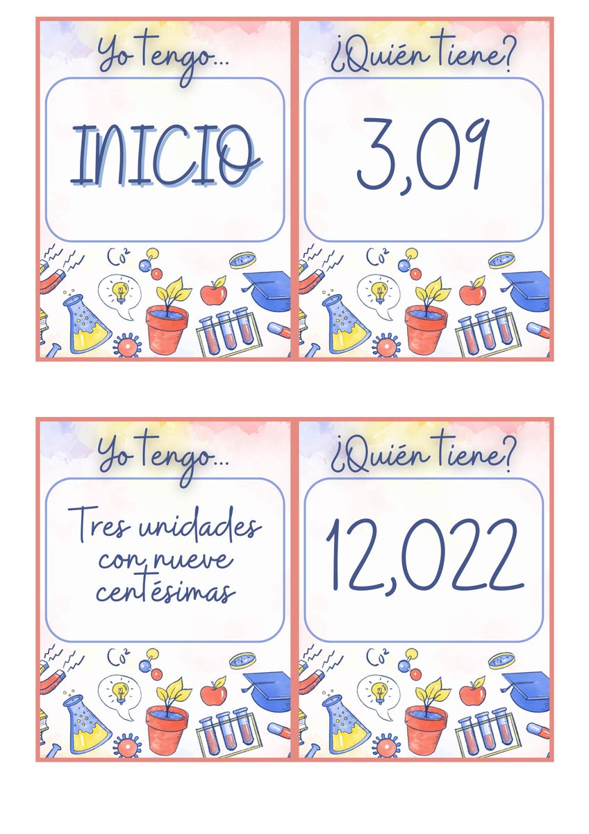 dacilgonz's tweet photo. El #juego "Yo tengo... ¿Quién tiene?" es una #dinámica de clase de trabajo en cadena y nos servirá para repasar cualquier contenido que hayamos visto en clase.
En este caso os traigo uno para practicar la #lectura y #escritura de números #decimales.
https://t.co/ysKk0Ag5ww https://t.co/2iZSdWI2Pv