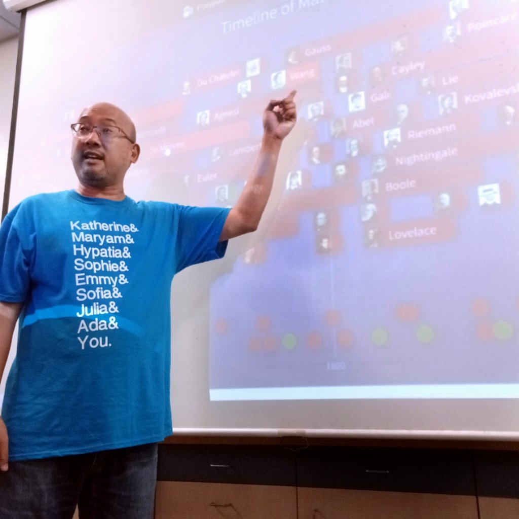 eughung's tweet photo. Teaching on humanity's epic, incredibly diverse story of mathematical discovery! Pictured: @MathigonOrg's super-cool 22,000-year interactive timeline of math history (https://t.co/Vtra8andPW) and a fab shirt from @MrsNewell22's #MathGals! #MultiverseOfMathness #MTbos #ITeachMath https://t.co/T4CjgQi9fl