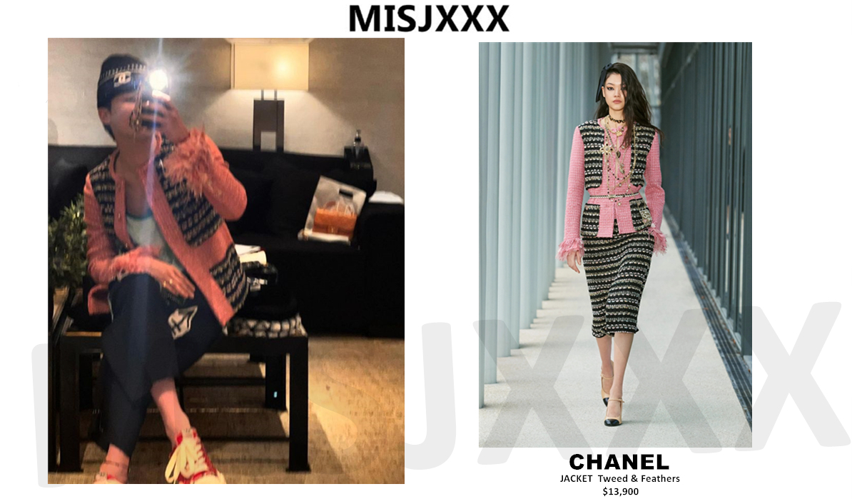 misjxxx's tweet photo. #GDstyle👉#CHANEL JACKET Tweed &amp; Feathers.($13,900)
#CHANEL Cashmere Wool Silk CC Beanie Hat Black White.($995)  #GDRAGON #GD https://t.co/kV51ZPzXR2
