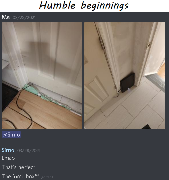 FumoCam's tweet photo. After 518 days, the FumoBox Mk. 1 is retiring. The fans have unfortunately begun to fail and the parts are discontinued. Please salute the machine that started it all, and welcome the new one (Now twin sisters with SBFCam!)  #BecomeFumo #ScuffedBecomeFumo https://t.co/CfiyIX68yt
