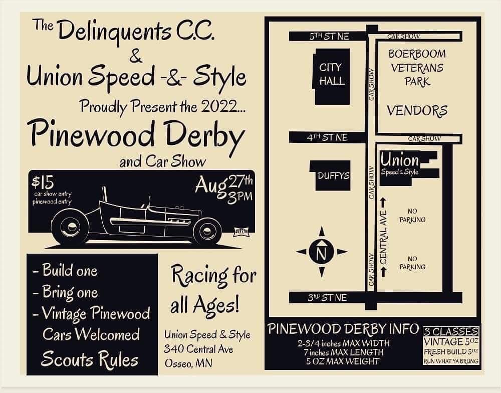 Hey Osseo,

On Sat. Aug. 27th, from 2pm-10pm, Central Ave between 2nd St to 5th St will be closed for a car show/pinewood derby that is hosted by Union Speed &amp; Style.  Vehicles parked on Central Ave in this area may be towed at owners expense if not removed by 2pm #FYI #NoParking