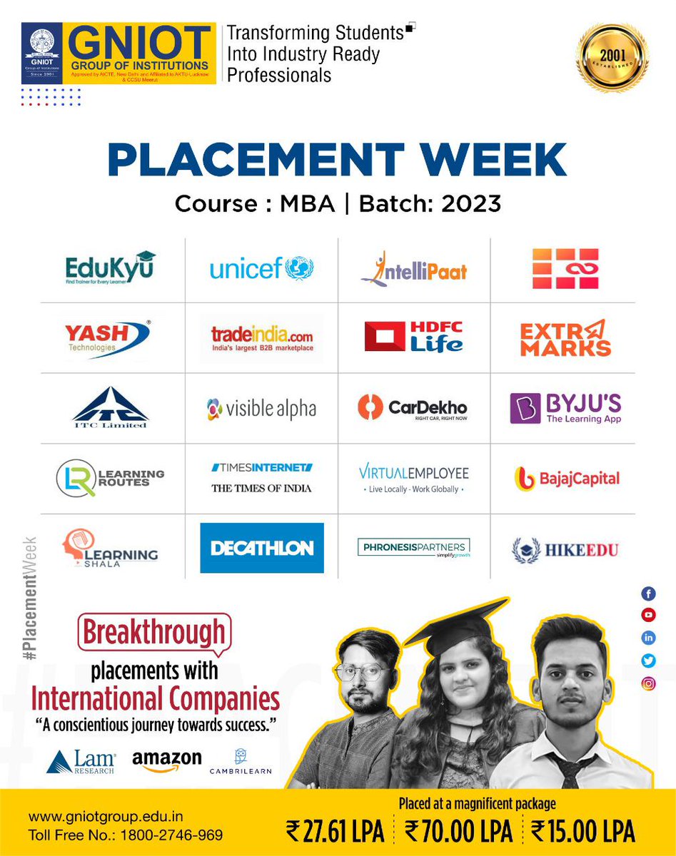 GNIOTCollege's tweet photo. "Action is the Foundational Key to Success" with this GNIOT is back into action by  a BIG BANG announcing its  Placement week for MBA-2023 Batch

Visit our Website: https://t.co/vGfFB4acFt
Toll Free No.: 18002746969

#GNIOT #GreaterNoida  #Placement #PlacementWeek #MBAPlacement https://t.co/ZZofUKPEF2