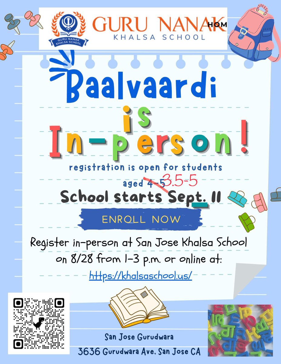 After 2 years of no Baalvaardi classes, San Jose Gurudwara is bringing it back. Please spread the word. Registration is open and classes will start on Sunday Sept 11th! Open for all kids ages 3.5-5 📚#sanjosegurudwara #khalsaschool #punjabischool
