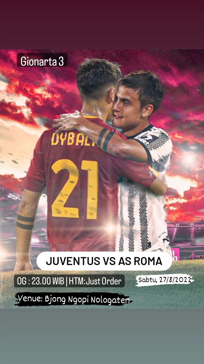 *Attezione*

Nobar Serie A
Gionarta 3
JUVENTUS vs AS Roma
OG : 23.00 WIB 
HTM : Just Order
Venue : Bjong Ngopi Nologaten (google maps) 
Grazie

#finoallafine
#forzajuve