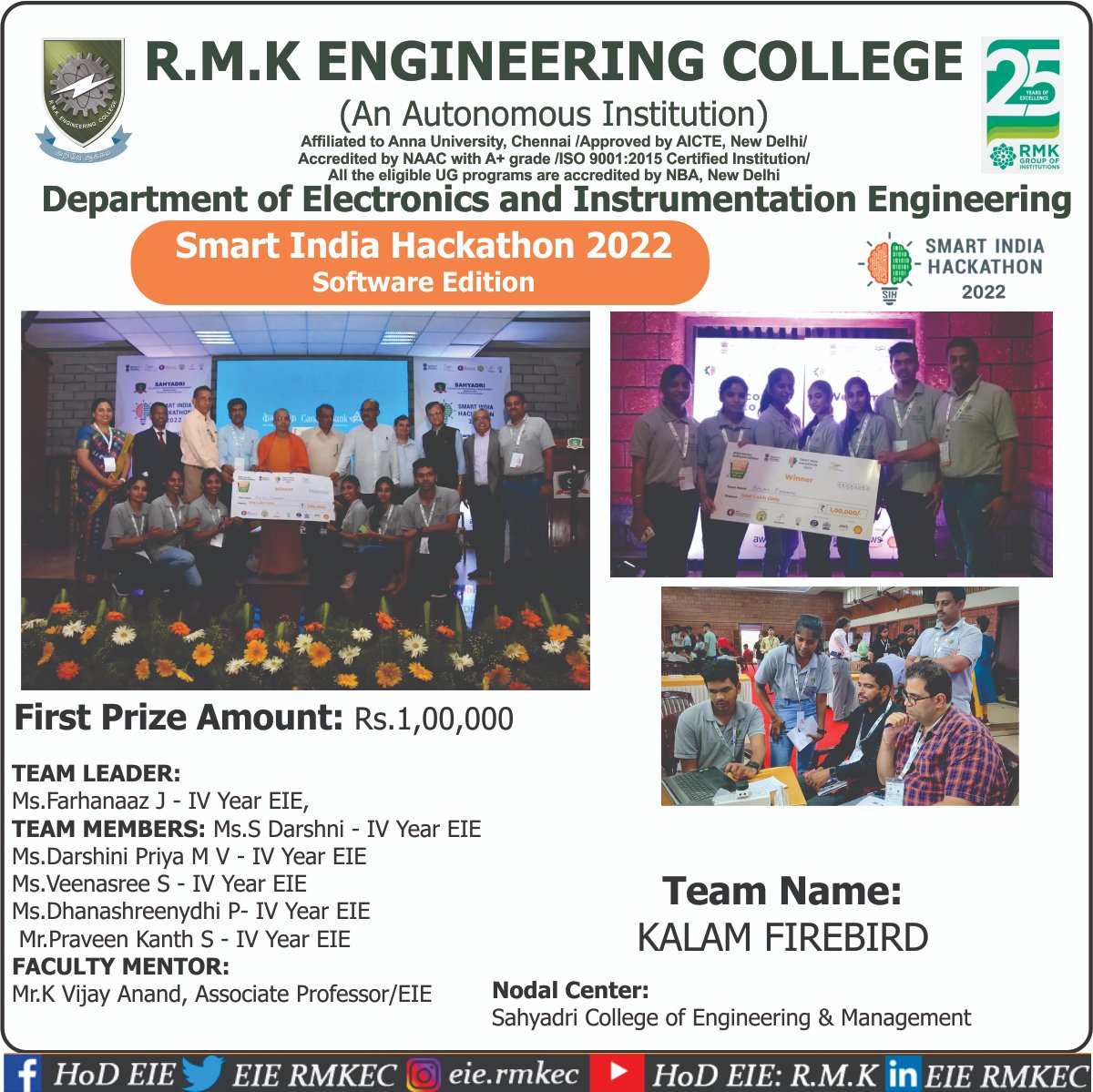 ERmkec's tweet photo. Happy to share that 𝐑𝐌𝐊𝐄𝐂 𝐄𝐈𝐄 𝐃𝐞𝐩𝐭. 𝐓𝐞𝐚𝐦 𝐊𝐀𝐋𝐀𝐌 𝐅𝐈𝐑𝐄𝐁𝐈𝐑𝐃
Won First Prize ₹1,00,000/- in 
𝐒𝐦𝐚𝐫𝐭 𝐈𝐧𝐝𝐢𝐚 𝐇𝐚𝐜𝐤𝐚𝐭𝐡𝐨𝐧 𝟐𝟎𝟐𝟐 - 𝐒𝐈𝐇 𝟐𝟎𝟐𝟐 - 𝐒𝐨𝐟𝐭𝐰𝐚𝐫𝐞 𝐄𝐝𝐢𝐭𝐢𝐨𝐧
 𝐎𝐑𝐆𝐀𝐍𝐈𝐒𝐀𝐓𝐈𝐎𝐍: Ministry of Rural Development https://t.co/A4sSmERNyt