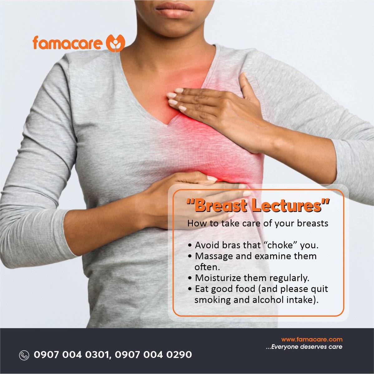 famacare's tweet photo. It's weekend and would be a good day for some breast care.
How to take care of your breasts
β’ Avoid bras that βchokeβ you.
β’ Massage and examine them often.
β’ Moisturize them regularly.
β’ Eat good food ( and please quit smoking and alcohol intake). #breastcancer #famacare https://t.co/FFY82TYZhC