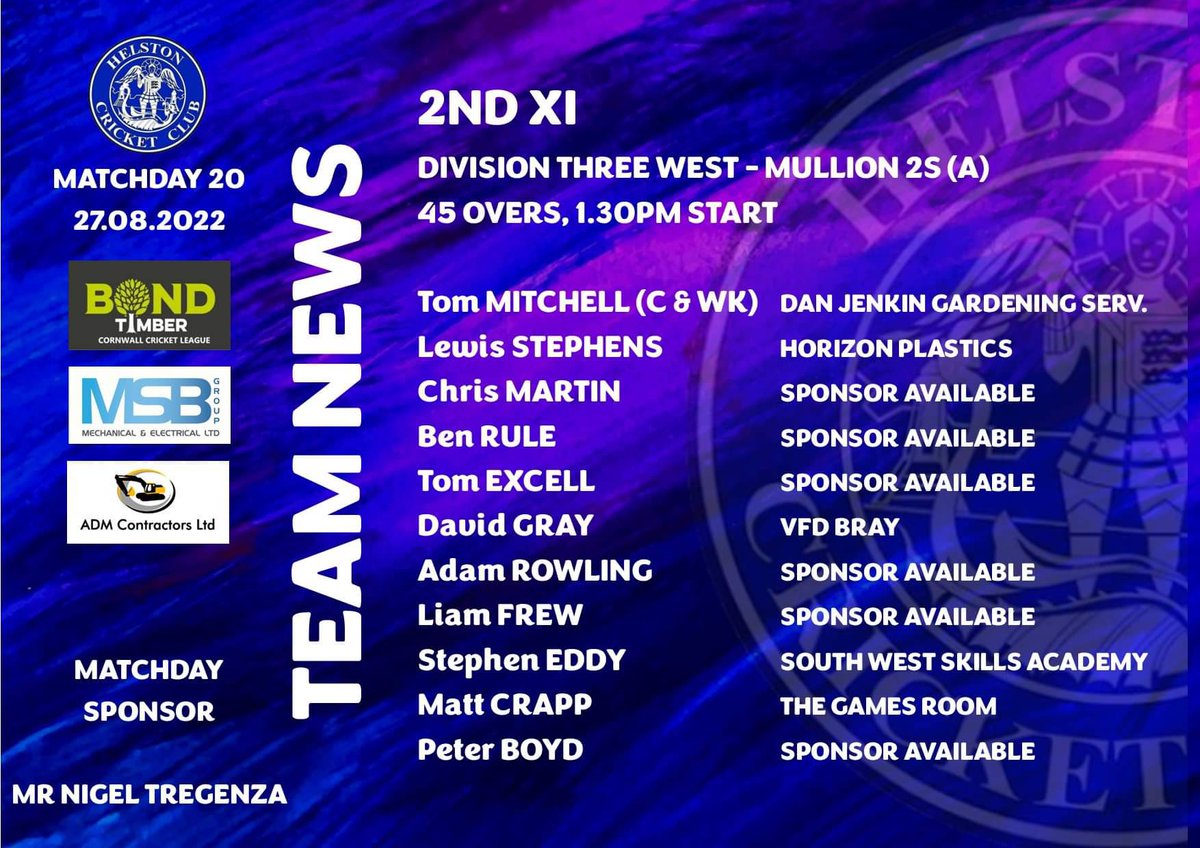 𝗧𝗲𝗮𝗺 𝗡𝗲𝘄𝘀 🗞 

Here are your teams for todays fixtures.

The 1st XI require a perfect day to lift the CCL One title, who welcome <a href="/CallingtonCC/">Callington CC</a> to Beacon Parc. 

The 2s travel to <a href="/Mullioncricket/">Mullion CC</a> in pursuit of another crucial win, whilst the 3s were conceded against.

#HCC