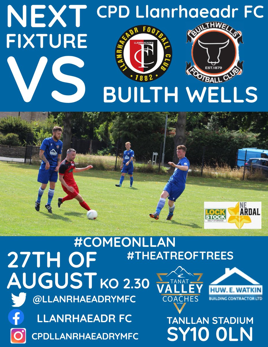 LlanrhaeadrYMFC's tweet photo. Good morning all and it's GAMEDAY once again. Today we welcome @BuilthWellsFC to the #TheatreofTrees in an @ArdalNorthern league fixture. The game kicks off at 2.30. Why not start the #BankHolidayWeekend by supporting the lads #comeonLlan @lockstockbiz https://t.co/ktqN9konaS