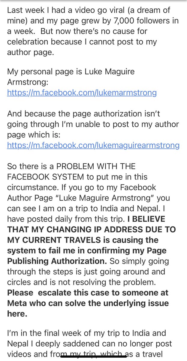 lukespartacus's tweet photo. Dear @facebook I’m in a deeply saddening situation in which the Page Publishing confirmation is failing me, and support is sending me in circles. Attached is relevant information into the problem. Please help me address it 🙏🙏🙏 https://t.co/pMznF2xWwL