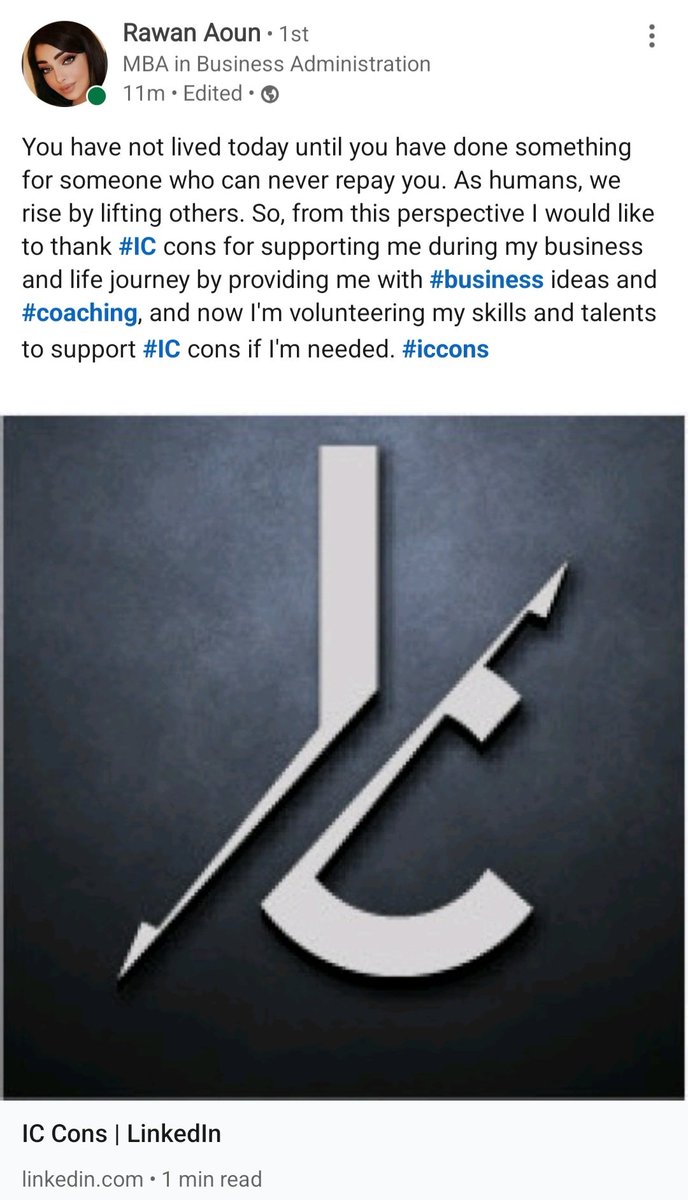 abushamas's tweet photo. Thank you for taking time to communicate your thoughts.
Glad to know #iccons positively impacted your journey.  Volunteering your time to help others doesn't just make the world better,it also makes you better. 
Welcome onboard  Rawan Aoun
#positive #consultancyservices #coaching https://t.co/O9umg33ukJ