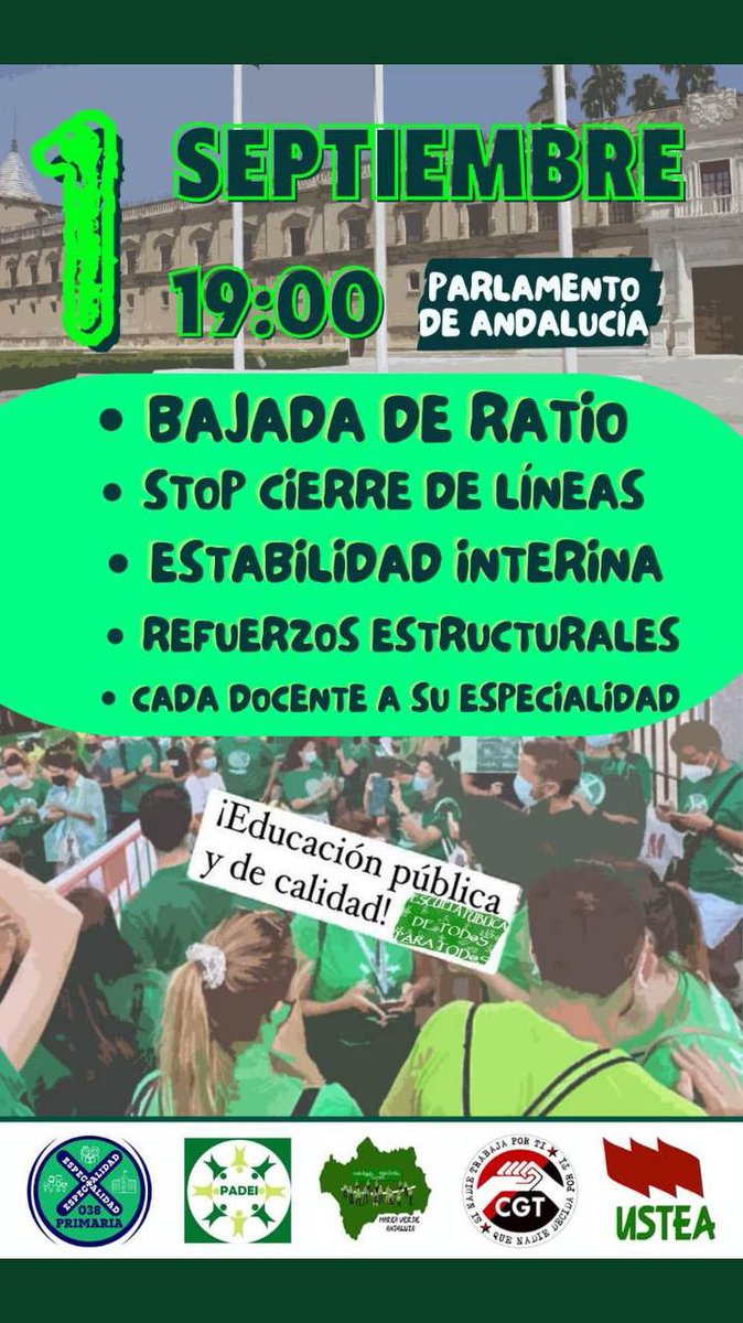PublicaDh's tweet photo. 📣 El nuevo curso escolar comienza como terminamos el anterior: reivindicando los derechos más básicos para empoderar a la educacion pública.
📆Parlamento de Andalucía
📍1 de septiembre
🕔 19.00 https://t.co/NDIt1rI4wA