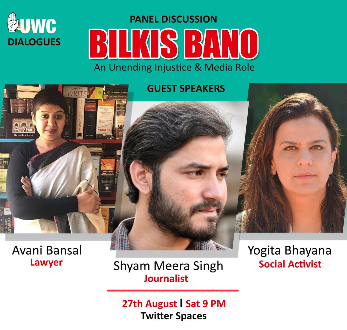 Join #UWCDialogues with <a href="/bansalavani/">Avani Bansal</a> (Lawyer, SC), <a href="/ShyamMeeraSingh/">Shyam Meera Singh</a> (Journalist) and <a href="/yogitabhayana/">Yogita Bhayana योगिता भयाना</a> (Social Activist) on Twitter spaces

Topic: Bilkis Bano - An Unending Injustice and Media Role

Date &amp; Time : 27 Aug @ 9 PM, Saturday

#BilkisBano

Link : x.com/i/spaces/1MYxN…