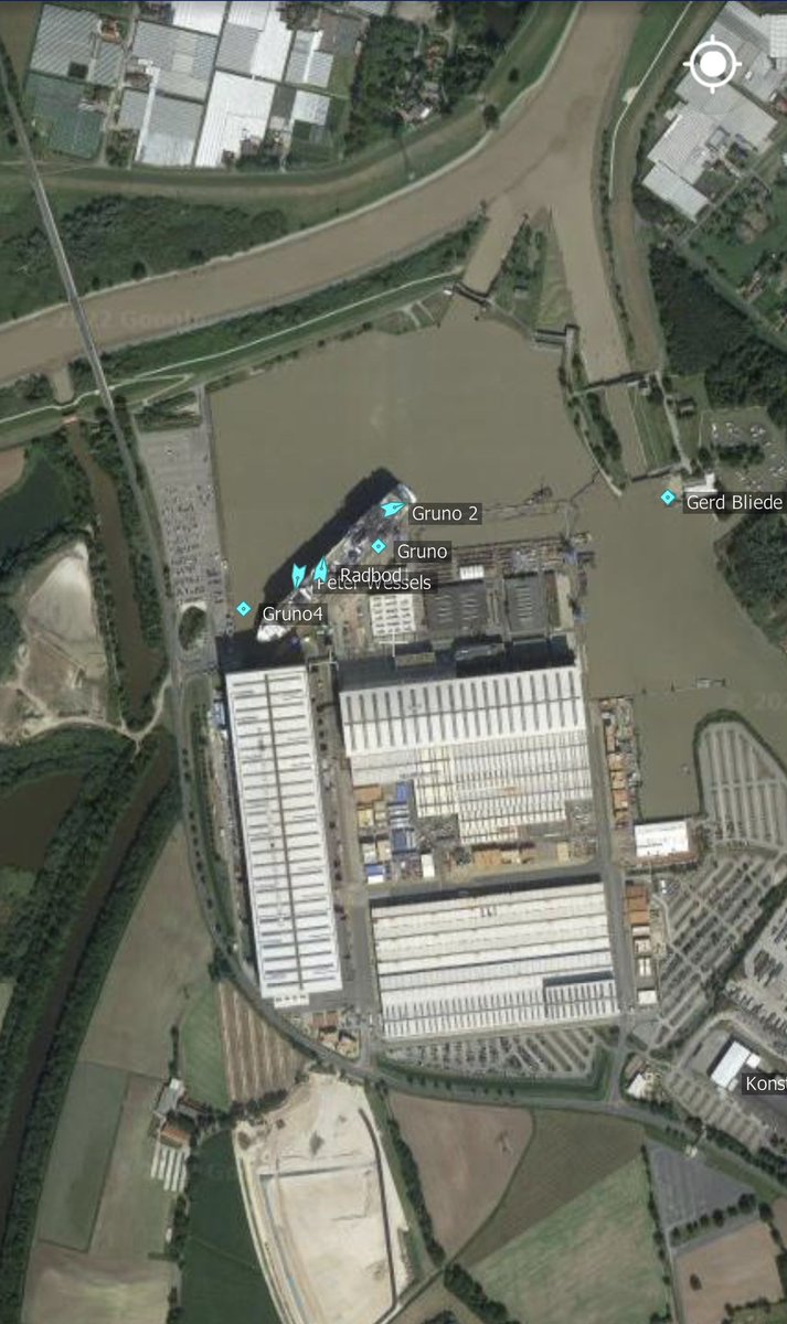 CruiseshipP's tweet photo. Preparations are underway in Papenburg this morning for the float out of @pandocruises #Arvia that will leave the @meyerwerft building dock for the first time this morning. #floatout #newcruiseship #MeyerWerft #papenburg #cruisenews @MarineTraffic https://t.co/WJNLw4rUwY