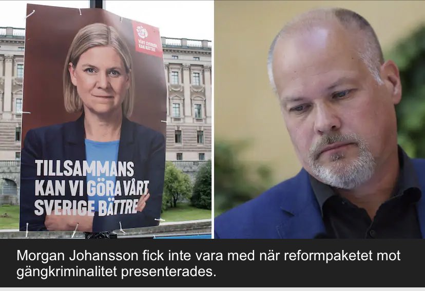 TobiasBillstrom's tweet photo. För någon månad sedan var Morgan Johansson den viktigaste ministern i hennes regering. Helt oersättlig. Hon var beredd att avgå för att rädda honom. Nu får han inte ens vara med när hon presenterar förslag eller på partiets affischer. Om 15 dagar byter vi ut bägge! 💙Ⓜ️ https://t.co/fgCC09HzOR