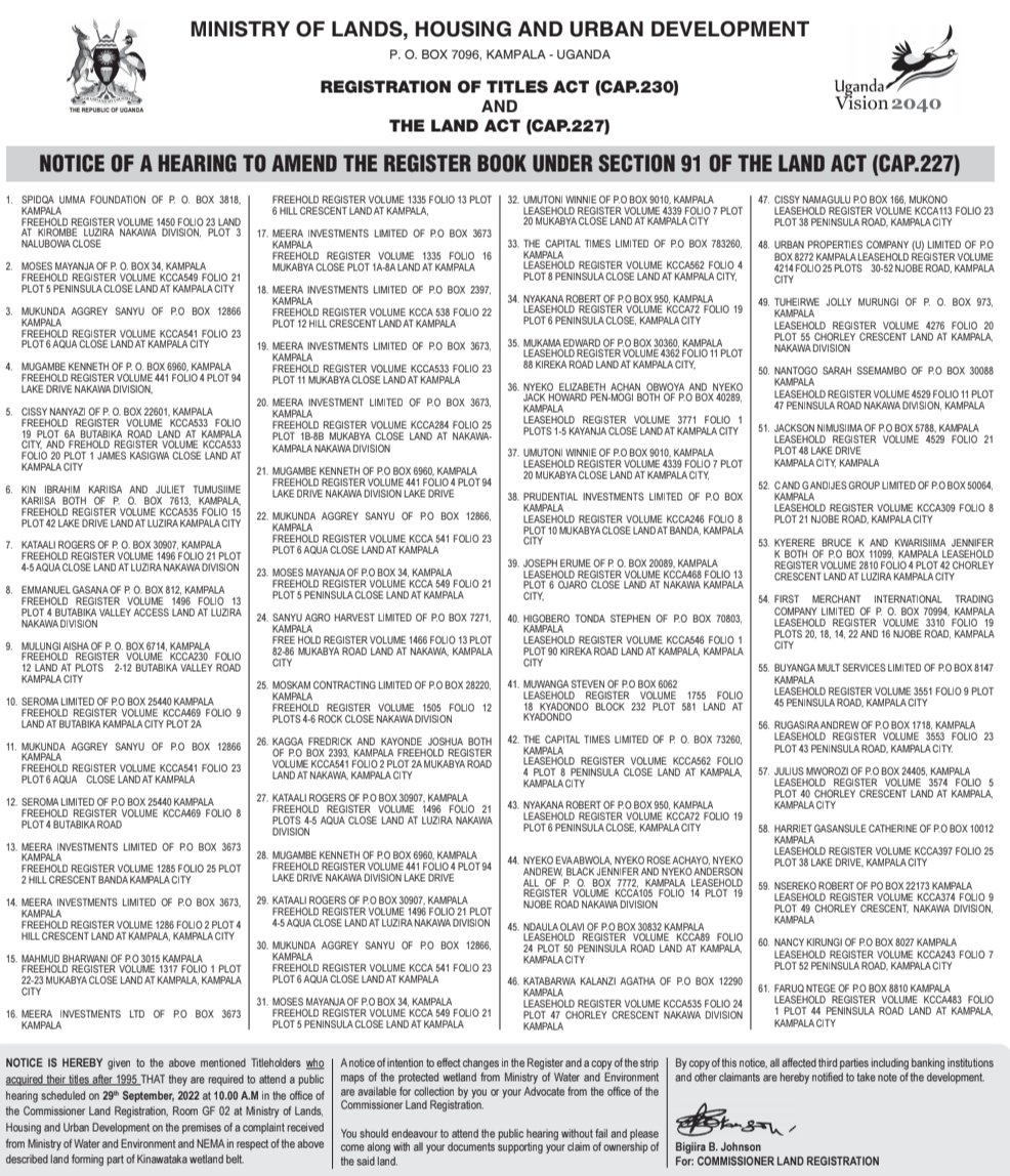 JudithNabakoob1's tweet photo. Public Annoucement. Title holders listed below are invited to attend a public hearing on the 29th of September at the Ministry of Lands office, 10am. This in respect to the Kinawataka wetland belt. More Details in the release attached. https://t.co/ezMNXinTE9