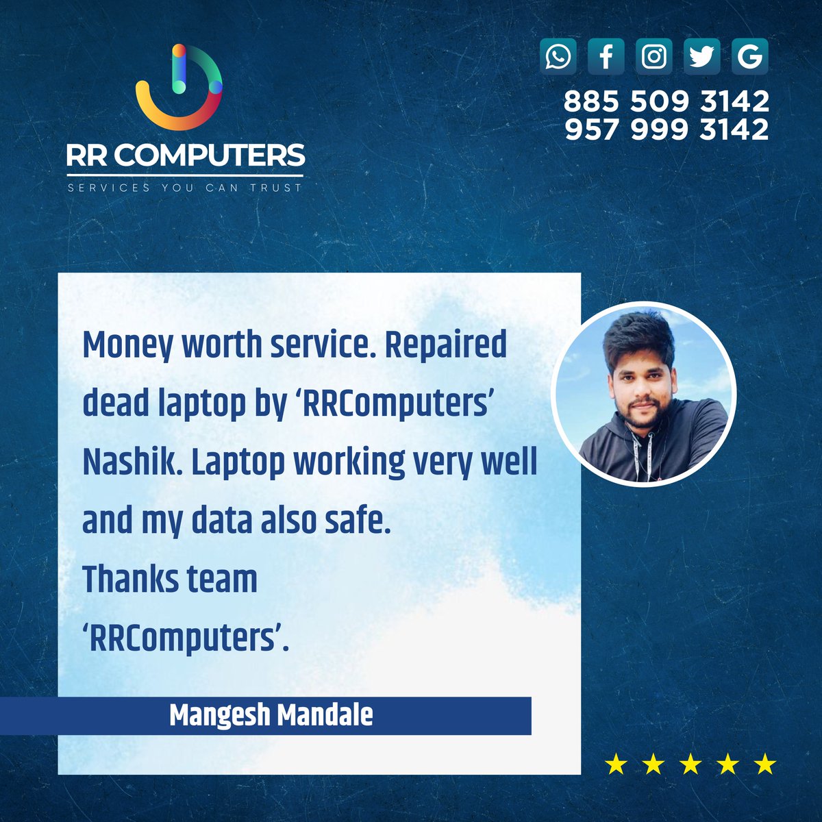 RR_Computers's tweet image. We are grateful for your generous support 
and love towards RR Computers.

#RRComputers #ComputerSalesandService 
#ComputerRepairInNashik #NashikComputers 
#RRComputerNashik #bestcomputerrepair 
#pcrepair #services #repairs #computer #laptop 
#laptoprepair #testimonial