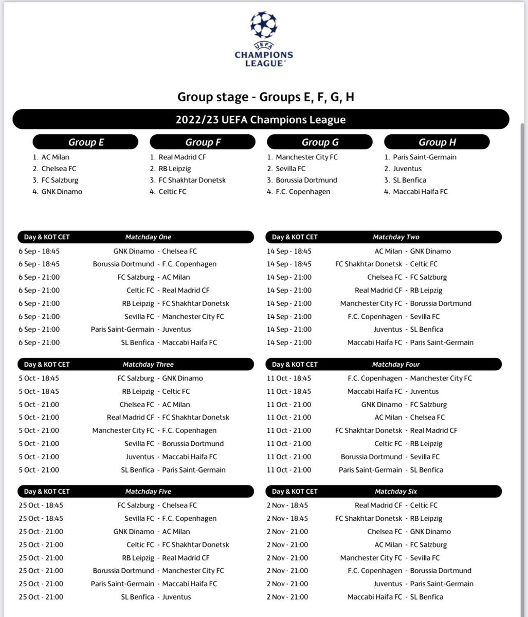 MadridSports_'s tweet photo. ¡HORARIOS DE #UCL! 

6S ✈️ Celtic
14S 🏠 Leipzig 
5O 🏠 Shakthar 
11O ✈️ Shakthar 
25O ✈️ Leipzig
2N 🏠 Celtic*

Todos a las 21:00 (hora española) salvo el Real Madrid - Celtic (18:45). https://t.co/e4IBWhkjeb