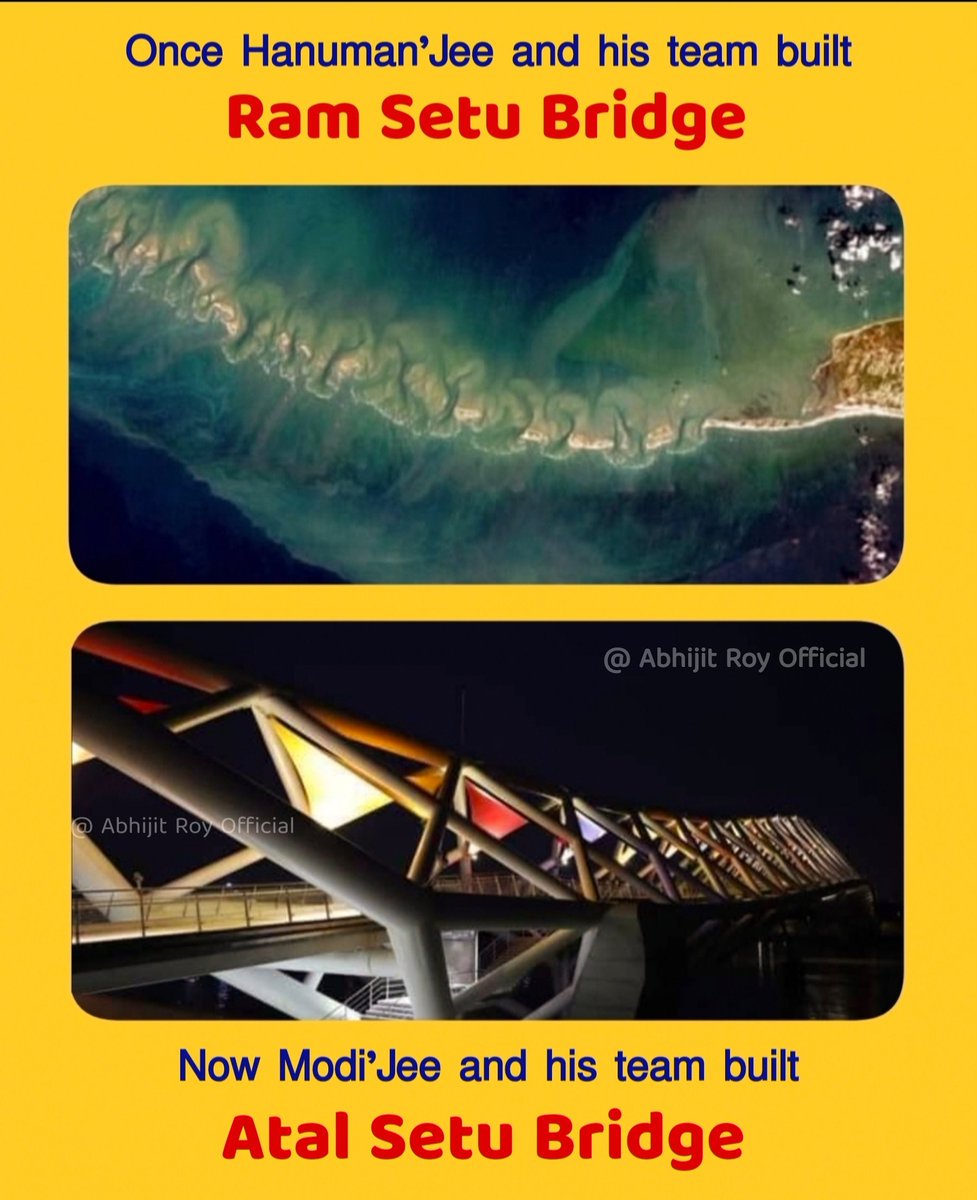 _royabhijit's tweet photo. Once Hanuman'Jee and his team built
RAM SETU BRIDGE
Now Modi'Jee and his team built
ATAL SETU BRIDGE
History repeats itself 
@narendramodi 
@nitin_gadkari 
@PiyushGoyal 
@BJP4Delhi @BJP4Bengal 
#ModiHaitoMumkinHai 
#AzadiKaAmritMahotsav https://t.co/dL6udJqfJF