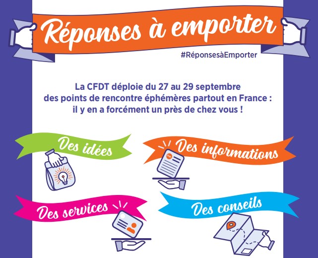 CFDT's tweet photo. 🗓️ J-30 #RéponsesàEmporter, RDV les 27, 28 et 29 septembre 2022. Des points éphémères partout en France pendant 3 jours pour répondre à toutes vos questions professionnelles : #formation, reconversion, #télétravail, apprentissage, conditions de travail... https://t.co/lZI78GPkwz https://t.co/XAXfPf7TxD