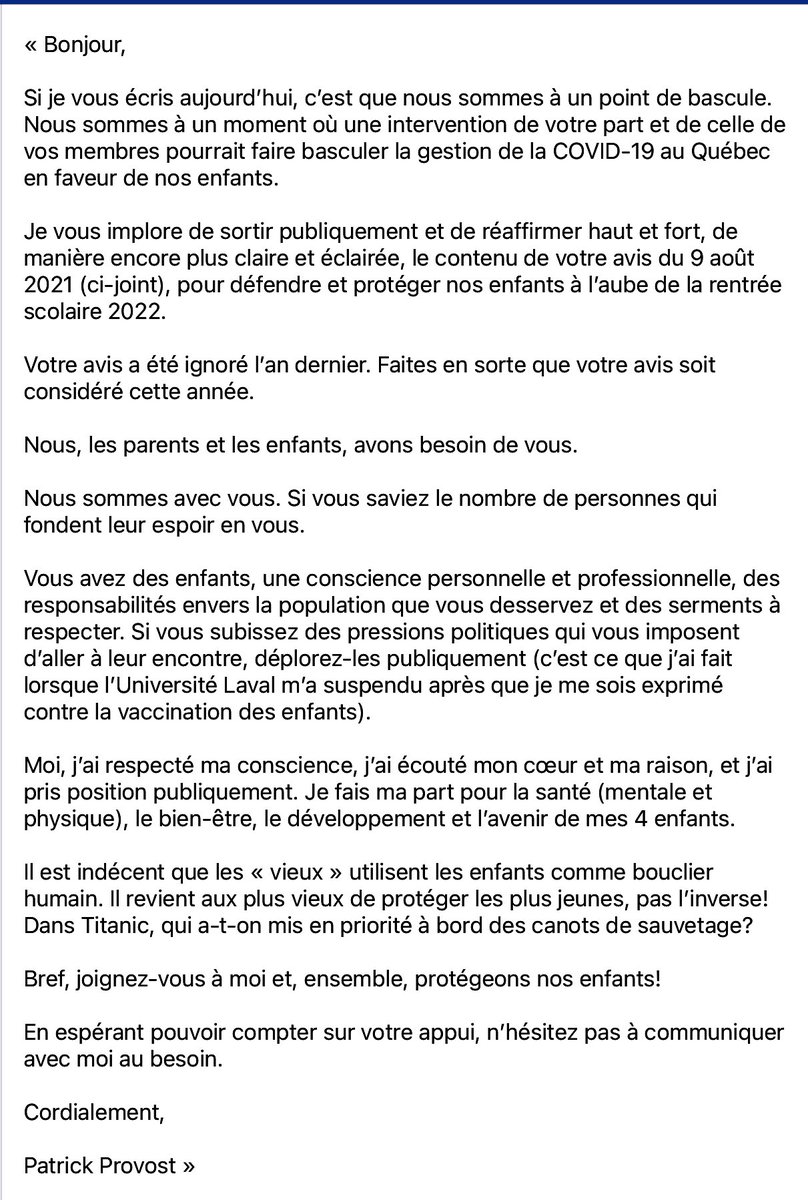 Steve_Tiger1's tweet photo. Voici le message que le prof PATRICK PROVOST a envoyé par courriel à l’Association des pédiatres du Québec à l’adresse suivante: pediatrie@fmsq.org.
Il conseille de leur écrire directement en nous servant de son message et inciter les membres de notre entourage à faire de même.. https://t.co/YxhmF498AB