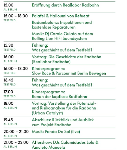 Das heutige Programm der Radbahn Aktionstage: es geht rund &amp; wird bunt! Mit einem bunten Unterhaltungs- und Informationsprogramm bespielen wir heute den Raum unter der U1. Neben Führungen, Vorträgen und Radreparaturen sorgen Musik und Snacks für gute Stimmung. Komm gern vorbei 💚