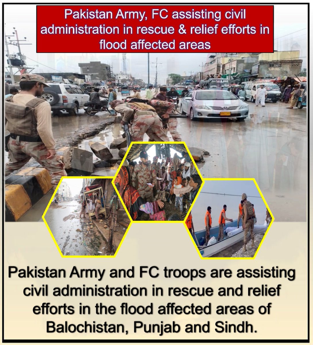 _fa_ri_786's tweet photo. #PakArmyRescueEfforts
Pakistan Army  and FC troops are assisting civil administrations  in rescue and relief  efforts in the flood affected areas of Blochistan, Punjab and Sindh. https://t.co/jltO3QMhts