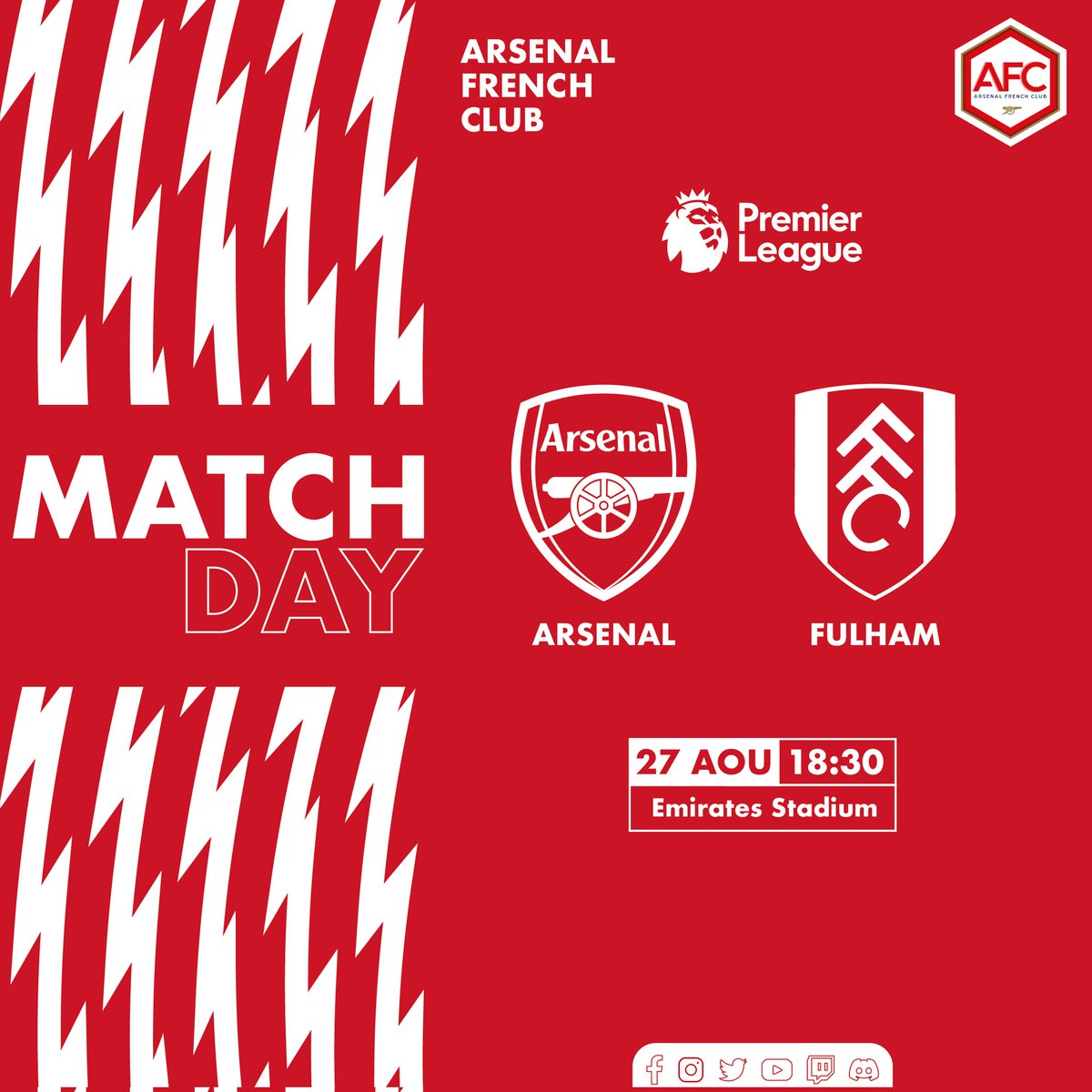 FrenchAFC's tweet photo. MATCHDAY !! 🔴⚪

🏆 @PLFrance_
🆚 @FulhamFC_France 
🏟️ Emirates Stadium
⌚18h30
📺 Canal + Sport

Votre pronostic ?

#AFC #ARSFUL 🔴⚪ https://t.co/Bmazazye6S