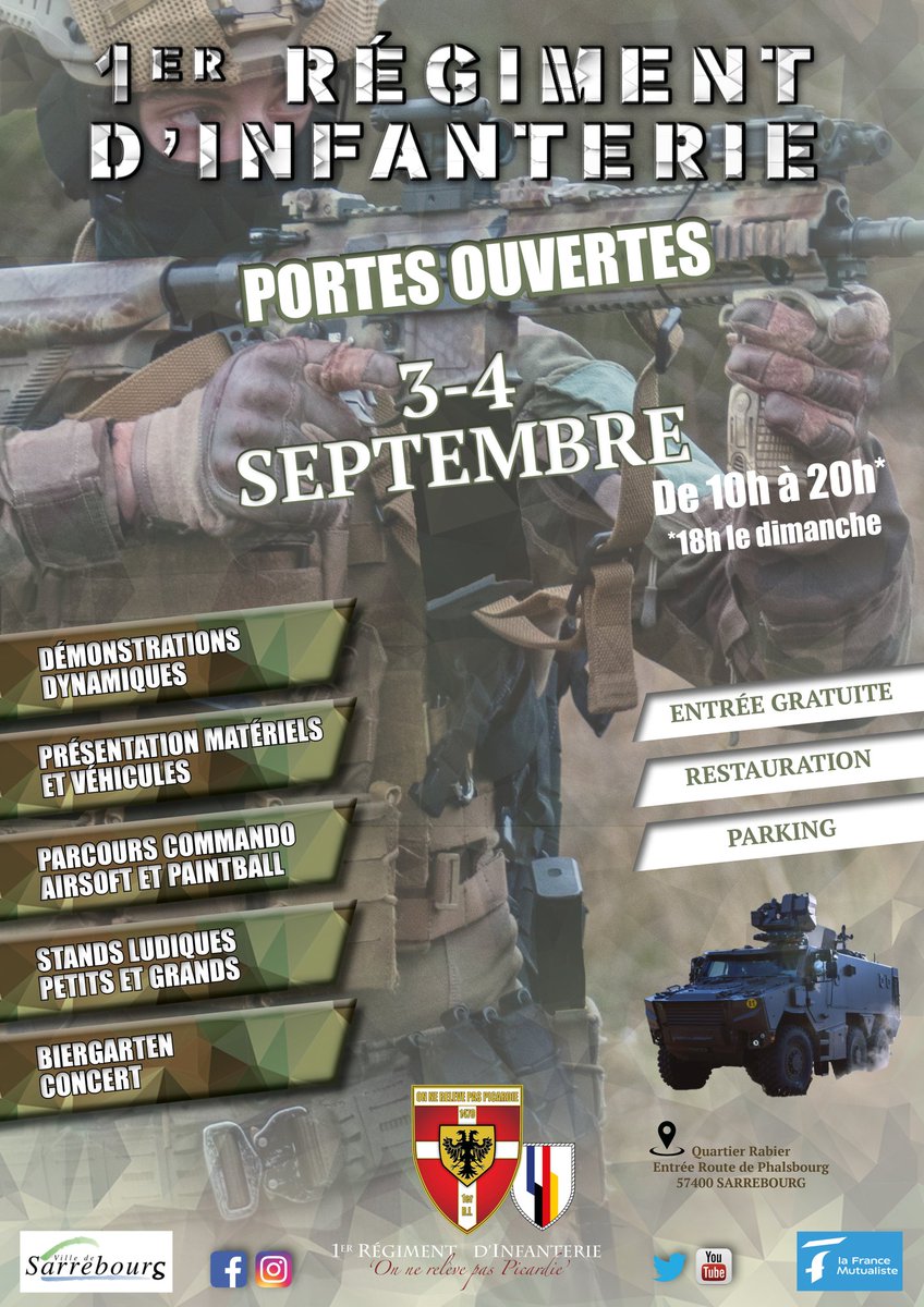 DFBrigade's tweet photo. 🇩🇪Was machen Sie am nächsten Wochenende? Das 1. Infanterieregiment öffnet seine Türen in Sarrebourg ! 
🇫🇷Vous faites quoi le week-end prochain? Le 1er RI vous ouvre ses portes à Sarrebourg! 
@1er_ri https://t.co/tMXlCrJtYc
