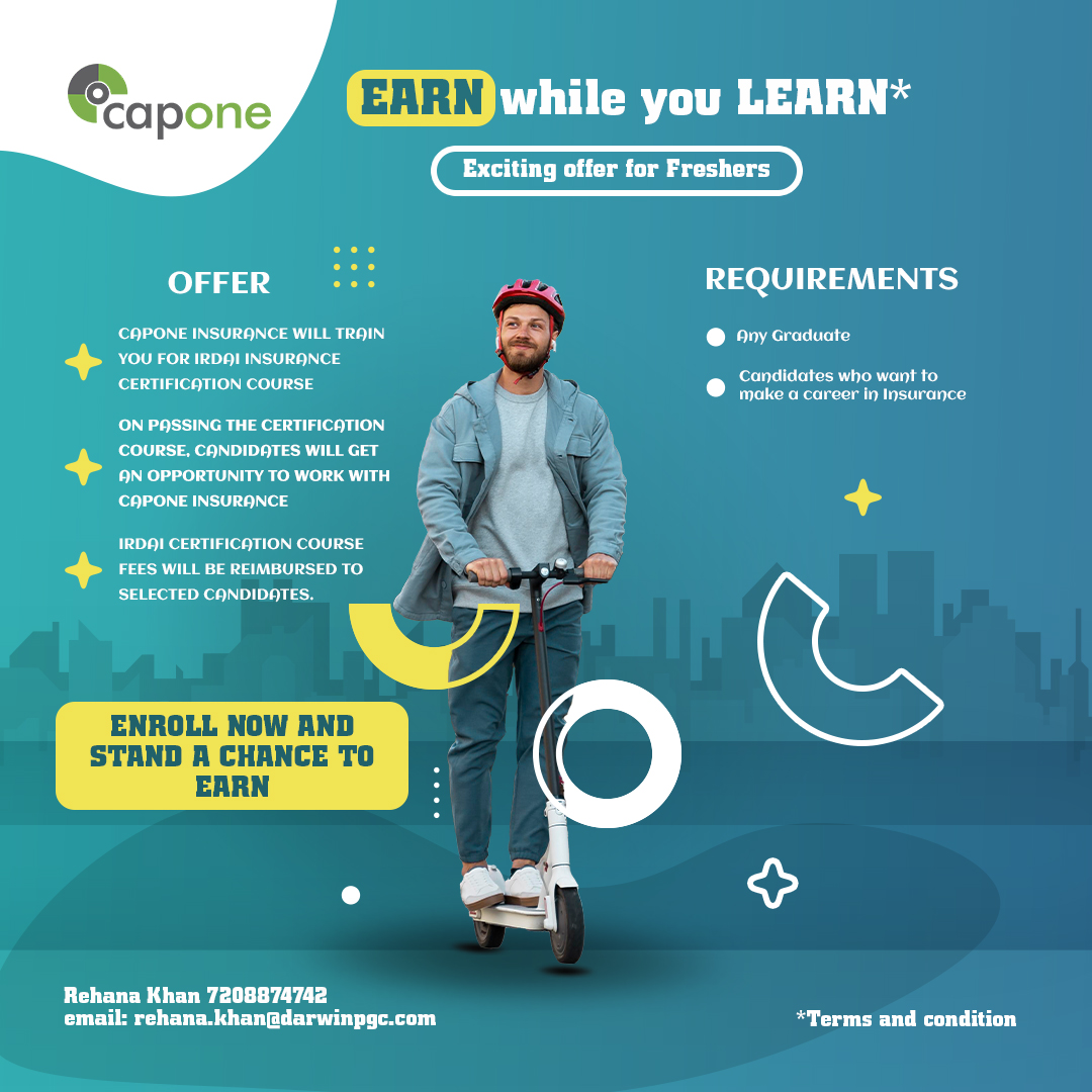CaponeInsurance's tweet photo. Earn while you Learn- Exciting insurance job offer from Capone.
Candidates who want to make a career.
Please contact:
Rehana Khan - 7208874742
Email: rehana.khan@darwinpgc.com
#insurance #insurancepolicy #insurancebroker #insuranceindustry #insuranceagent #insurancemarketing https://t.co/0UV4RX8syr